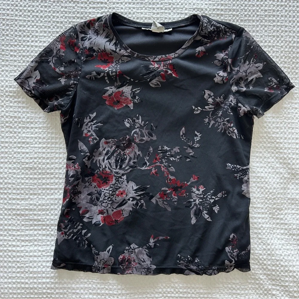 Requirements Vintage 90s/Y2K Velvet Burnout Black Floral Tee with Sheer Overlay - Picture 2 of 7